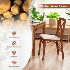 Set of 2 Folding X Back Dining Chairs, Walnut Rubber Wood with Cream Linen Padded Seat
