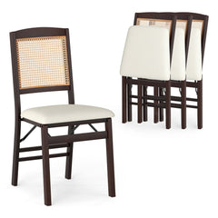 Set of 4 Folding Dining Chairs, Espresso Rubber Wood with Rattan Backs and Cream Linen Seats