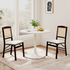 Set of 4 Folding Dining Chairs, Espresso Rubber Wood with Rattan Backs and Cream Linen Seats