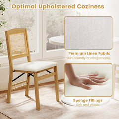 Set of 4 Folding Dining Chairs, Natural Rubber Wood with Rattan Backs and Cream Linen Seats