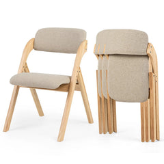 Set of 4 Folding Dining Armchairs, Natural Rubber Wood with Beige Linen Padded Seats and Backs