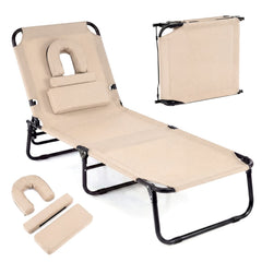 Folding Face Down Tanning Chair with Face Hole and 3 Removable Pillows, Beige