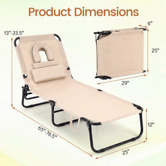 Folding Face Down Tanning Chair with Face Hole and 3 Removable Pillows, Beige