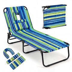 Folding Beach Lounger with Face Hole and Carry Straps, Blue and Green Stripe