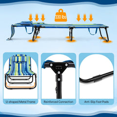 Folding Beach Lounger with Face Hole and Carry Straps, Blue and Green Stripe