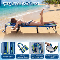 Folding Beach Lounger with Face Hole and Carry Straps, Blue and Green Stripe