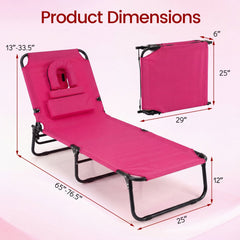 Folding Sun Lounger with Face Hole, Flap and 3 Pillows, Pink