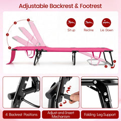 Folding Sun Lounger with Face Hole, Flap and 3 Pillows, Pink