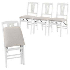 Set of 4 White Folding Dining Chairs with Slotted Splat Back and Beige Linen Padded Seats