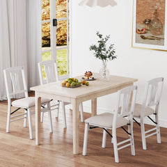 Set of 4 White Folding Dining Chairs with Slotted Splat Back and Beige Linen Padded Seats