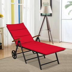 Folding Rattan Lounge Chair with Wheels and 7 Reclining Positions, Red