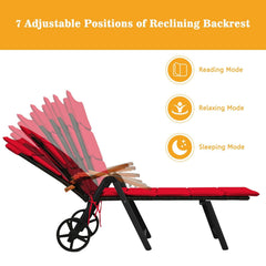 Folding Rattan Lounge Chair with Wheels and 7 Reclining Positions, Red