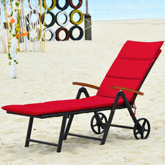 Folding Rattan Lounge Chair with Wheels and 7 Reclining Positions, Red