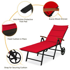 Folding Rattan Lounge Chair with Wheels and 7 Reclining Positions, Red