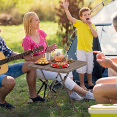 Folding Picnic Table with Rattan Grain HDPE Tabletop and Sturdy Metal Fame-Coffee