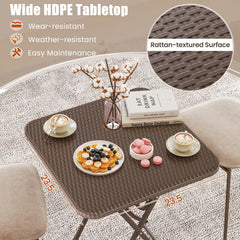 Folding Picnic Table with Rattan Grain HDPE Tabletop and Sturdy Metal Fame-Coffee
