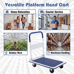 Folding Platform Hand Truck with 4 Wheels & Collapsible Bed for Moving Warehouse-Blue