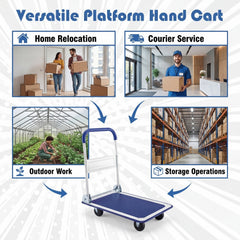 Folding Platform Hand Truck with Collapsible Bed & 4 Wheels for Moving Warehouse-Blue