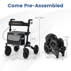 Folding Rollator Walker for Seniors with Seat for All Terrain-Black