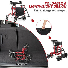 Folding Rollator Walker with 8-inch Wheels and Seat-Red