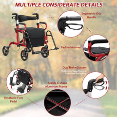 Folding Rollator Walker with 8-inch Wheels and Seat-Red