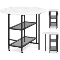 Folding Round Dining Table with Lockable Wheels-White