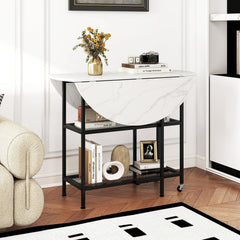 Folding Round Dining Table with Lockable Wheels-White
