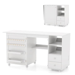 Folding Sewing Table with Charging Station and Storage Shelves-White