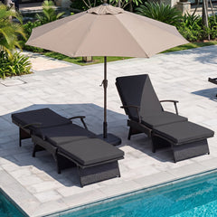 Folding Wicker Chaise Lounge with Slide Out Ottoman and 11 Level Backrest, Black
