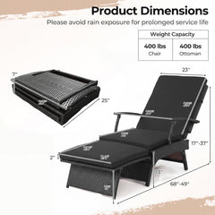 Folding Wicker Chaise Lounge with Slide Out Ottoman and 11 Level Backrest, Black