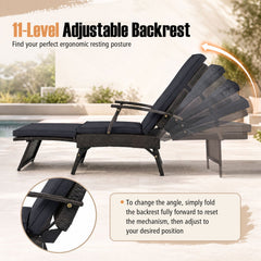 Folding Wicker Chaise Lounge with Slide Out Ottoman and 11 Level Backrest, Black