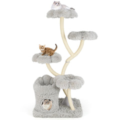 65 Inch Cat Tower with Four Flower Platforms on Curved Y Shaped Posts