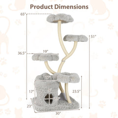 65 Inch Cat Tower with Four Flower Platforms on Curved Y Shaped Posts