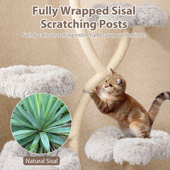 65 Inch Cat Tower with Four Flower Platforms on Curved Y Shaped Posts