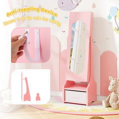Freestanding Kids Jewelry Armoire Cabinet with Storage and 2 Tilt Angles-Pink