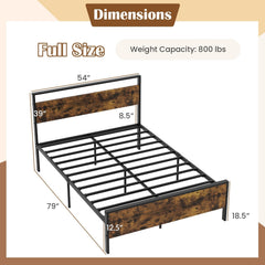 Full Size Industrial Metal Platform Bed with Rustic Wood Headboard and Footboard, 800 lb Capacity