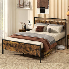 Full Size Industrial Metal Platform Bed with Rustic Wood Headboard and Footboard, 800 lb Capacity