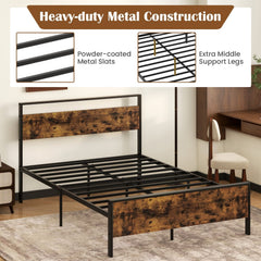 Full Size Industrial Metal Platform Bed with Rustic Wood Headboard and Footboard, 800 lb Capacity