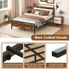 Full Size Industrial Metal Platform Bed with Rustic Wood Headboard and Footboard, 800 lb Capacity