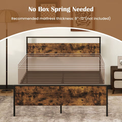 Full Size Industrial Metal Platform Bed with Rustic Wood Headboard and Footboard, 800 lb Capacity