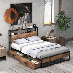 Full Size Metal Bed Frame with 2 Tier Storage Headboard, Charging Station and 2 Drawers