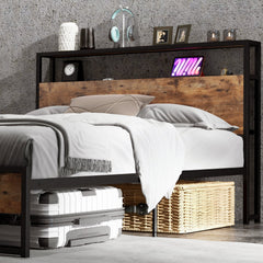 Full Size Metal Bed Frame with 2 Tier Storage Headboard, Charging Station and 2 Drawers