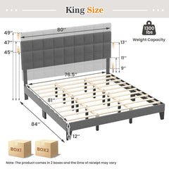 King Size Linen Upholstered Bed with 3 Position Adjustable Headboard and 18 Support Legs, Gray