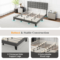 King Size Linen Upholstered Bed with 3 Position Adjustable Headboard and 18 Support Legs, Gray
