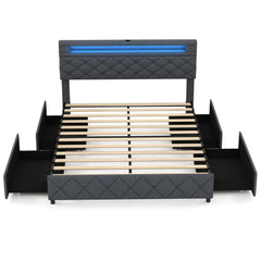 Queen Upholstered LED Bed with 2 Position Adjustable Storage Headboard and 4 Drawers, Grey