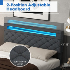 Queen Upholstered LED Bed with 2 Position Adjustable Storage Headboard and 4 Drawers, Grey