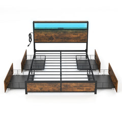 Full Size Metal Bed with Smart LED Headboard, Charging Station and 4 Lined Drawers, Rustic Brown