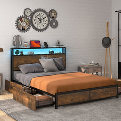 Full Size Metal Bed with Smart LED Headboard, Charging Station and 4 Lined Drawers, Rustic Brown