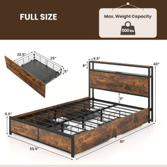 Full Size Metal Bed with Smart LED Headboard, Charging Station and 4 Lined Drawers, Rustic Brown