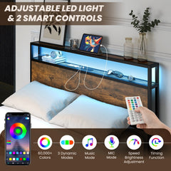 Full Size Metal Bed with Smart LED Headboard, Charging Station and 4 Lined Drawers, Rustic Brown